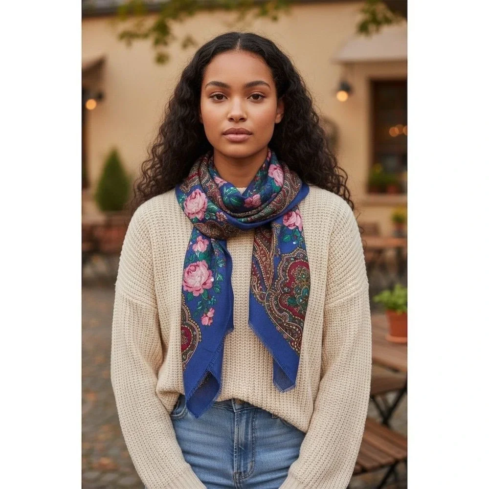 Womens Blue Floral Paisley Russian Folk Square Scarf Shawl feminine garden party